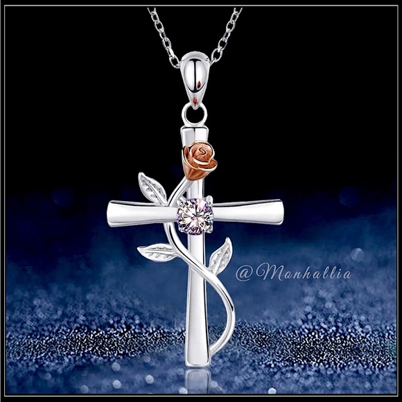 NEW SILVER RELIGIOUS GOD CROSS JESUS FAITH ROSE CHARM sim DIAMOND NECKLACE - Picture 1 of 4